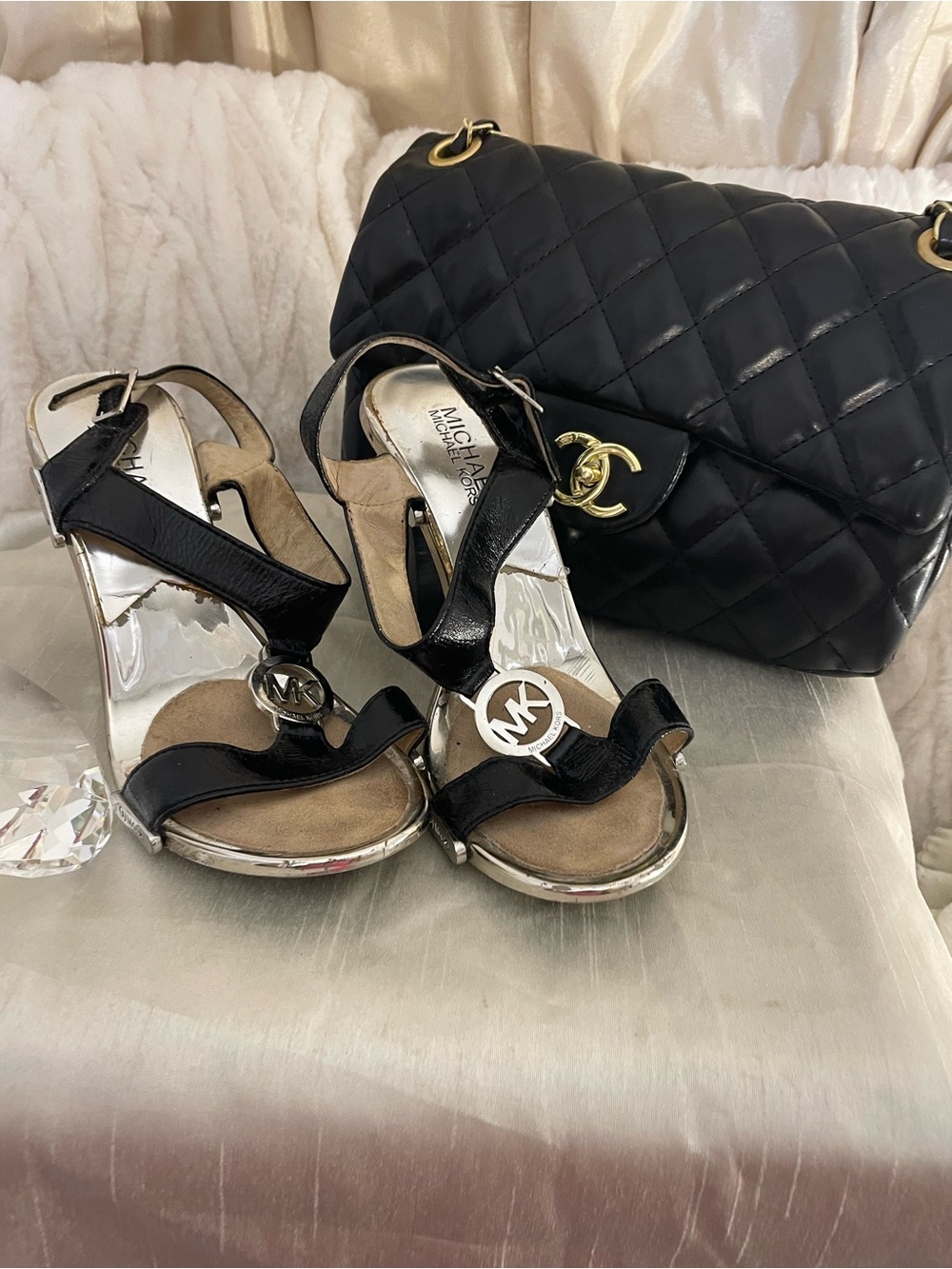 Michael Kors Black Patent Leather MK Logo Slingback Heels size 6.5
